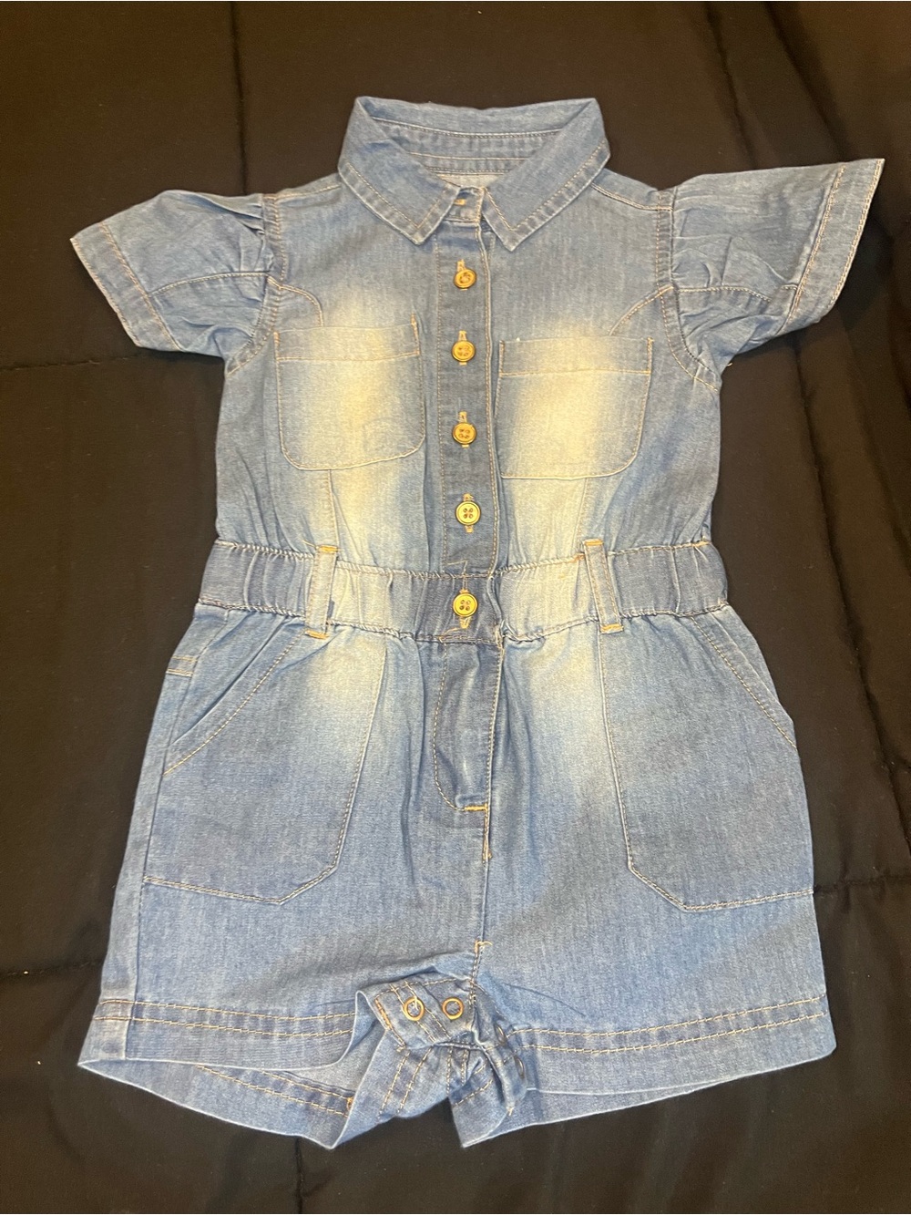 Infant Girls Light Blue Denim Romper with Gold Button Front & Snap Bottom
